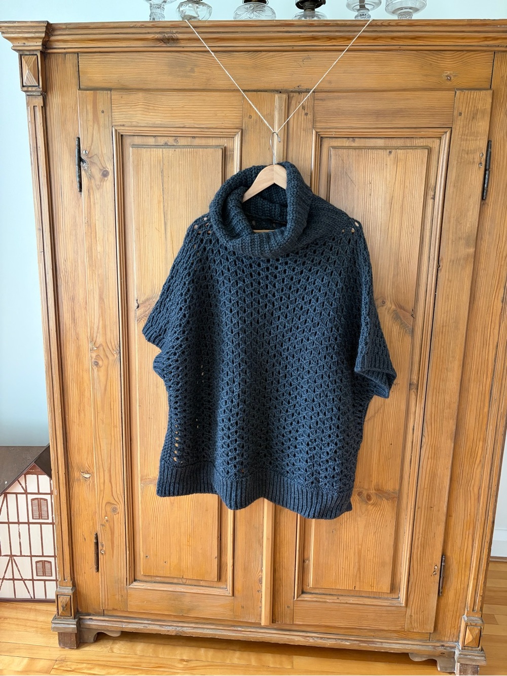 Chunky Open-Knit Turtleneck Poncho Sweater - Charcoal